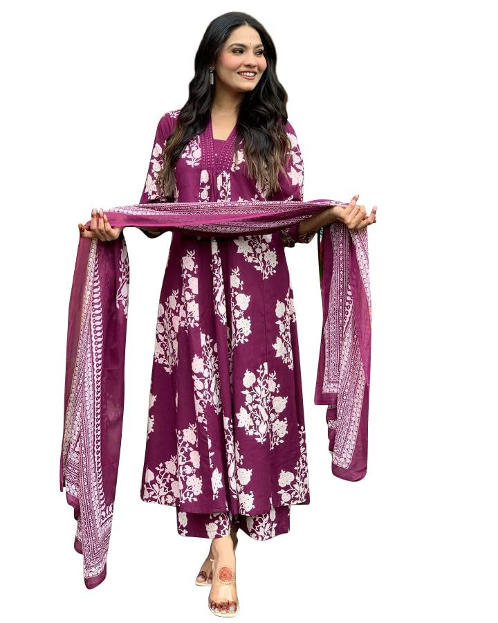 Toochki Kurti Set for Women | Anarkali Fit & Flared Kurtas for Women's | Cotton Kurtis for Woman | Kurta with Palazzo & Dupatta | Ethnic Salwar Suits Sets Wine - Image 1