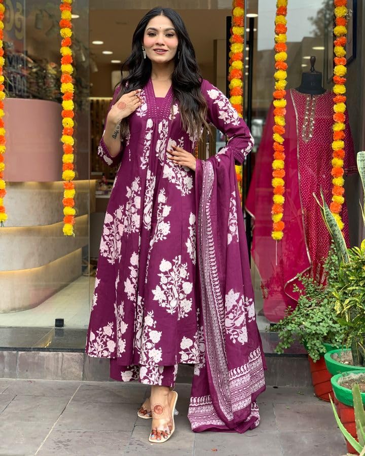 Toochki Kurti Set for Women | Anarkali Fit & Flared Kurtas for Women's | Cotton Kurtis for Woman | Kurta with Palazzo & Dupatta | Ethnic Salwar Suits Sets Wine - Image 3