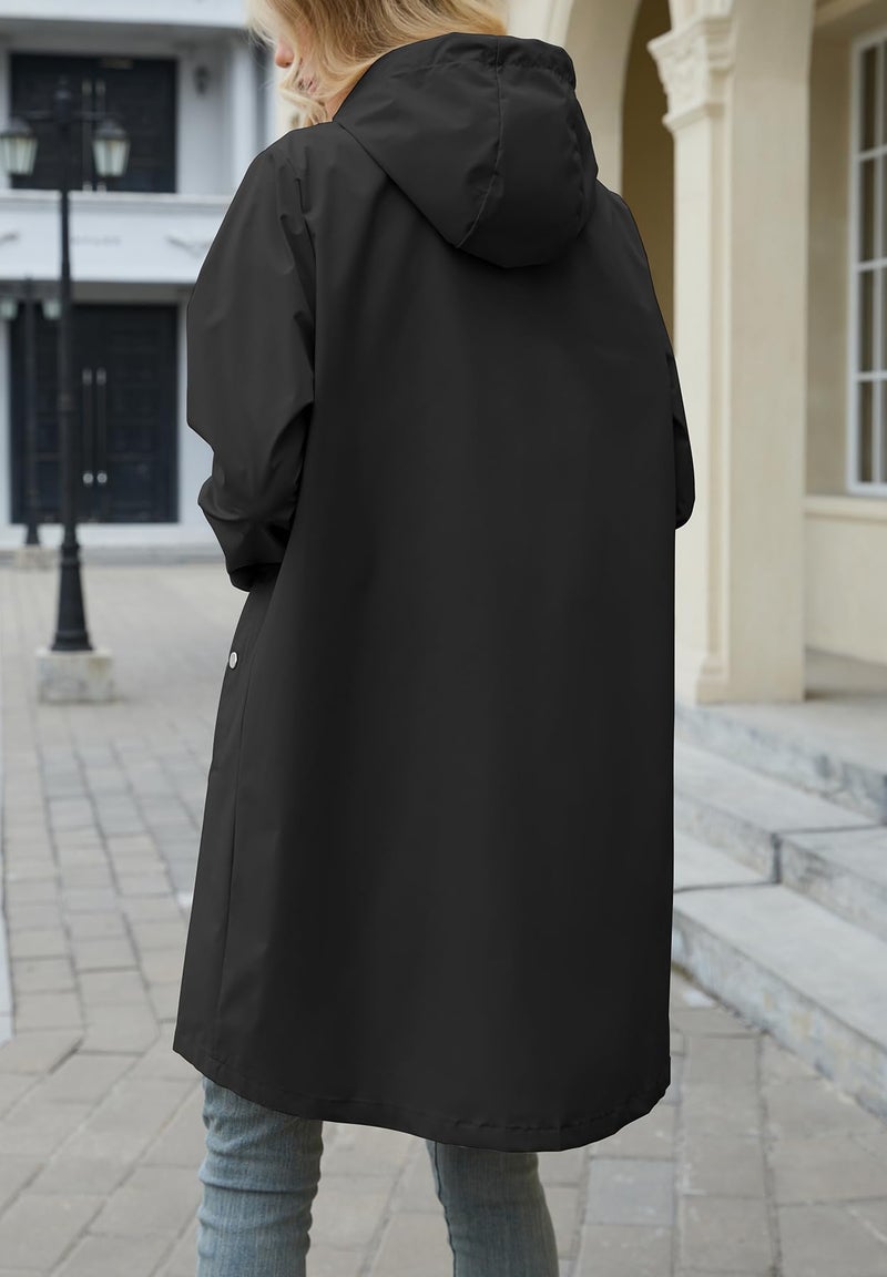 Zando Plus Size Rain Jackets for Women Womens Rain Jacket with Hood Travel Rain Coats for Women Packable Rain Jacket Waterproof Long Raincoat Lightweight Windbreaker Trench Coat for Outdoor Black 2XL - Image 3