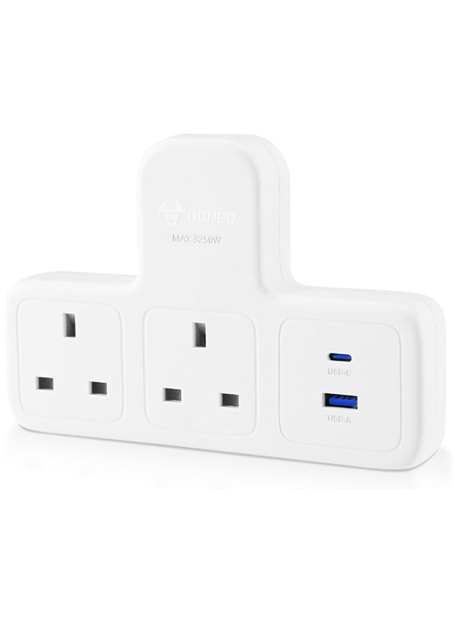 GONEO 3-in-1 Plug Extension Socket, Power Strip Protector Extension Plug, 3 Way Electrical Outlet Extender, Triple UK Plug Charging Station for Home Office (White + 2 Socket + PD 20W USB-C& USB-A)  - Image 1