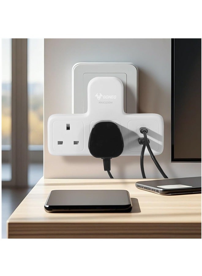 GONEO 3-in-1 Plug Extension Socket, Power Strip Protector Extension Plug, 3 Way Electrical Outlet Extender, Triple UK Plug Charging Station for Home Office (White + 2 Socket + PD 20W USB-C& USB-A)  - Image 2