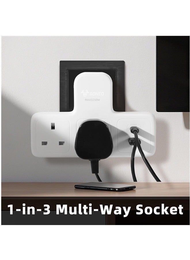 GONEO 3-in-1 Plug Extension Socket, Power Strip Protector Extension Plug, 3 Way Electrical Outlet Extender, Triple UK Plug Charging Station for Home Office (White + 2 Socket + PD 20W USB-C& USB-A)  - Image 5