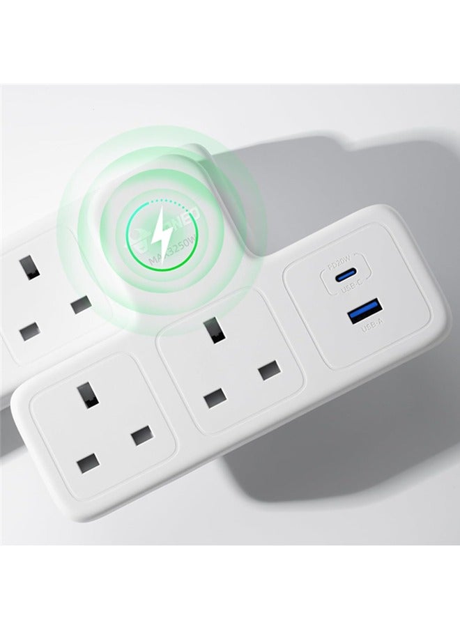 GONEO 3-in-1 Plug Extension Socket, Power Strip Protector Extension Plug, 3 Way Electrical Outlet Extender, Triple UK Plug Charging Station for Home Office (White + 2 Socket + PD 20W USB-C& USB-A)  - Image 3