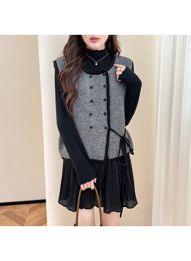 Tonlion Autumn Winter Elegant Color-block Trim Round Neck Cardigan Vest For Women - Image 1