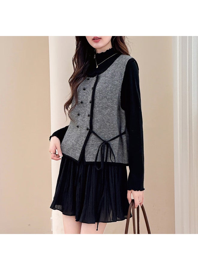 Tonlion Autumn Winter Elegant Color-block Trim Round Neck Cardigan Vest For Women - Image 3