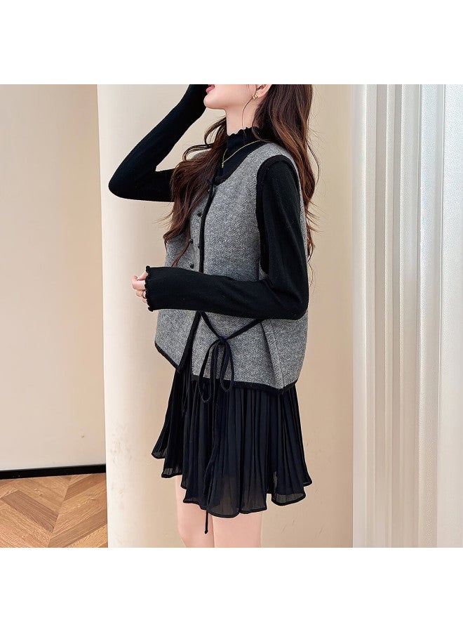 Tonlion Autumn Winter Elegant Color-block Trim Round Neck Cardigan Vest For Women - Image 2