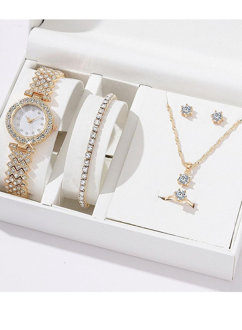 5pcs Rhinestone Watch Set Shiny Quartz Crystal Wrist Watch Luxury Diamond Shining Bling Watches with Stainless Steel Bracelet Gift for Women Girls Birthday 