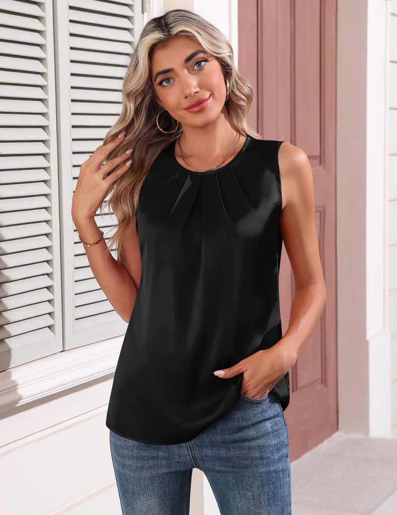 Zeagoo Silk Satin Tank Top for Women Crew Neck Dressy Camisoles Tops Business Causal Clothing Summer Sleeveless Blouses Black - Image 3