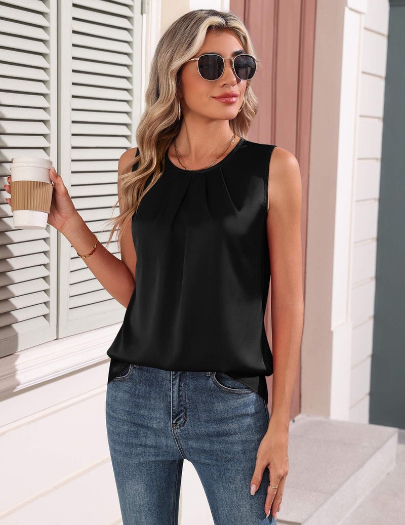 Zeagoo Silk Satin Tank Top for Women Crew Neck Dressy Camisoles Tops Business Causal Clothing Summer Sleeveless Blouses Black - Image 5