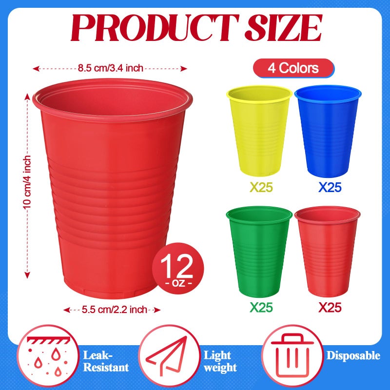 Funnymoom 100 Pcs Disposable Plastic 12 oz Party Drinking Cups Red Green Yellow Blue Colored Water Beverage Cups for Barbecues Picnics Festival Birthday Party Supplies - Image 1