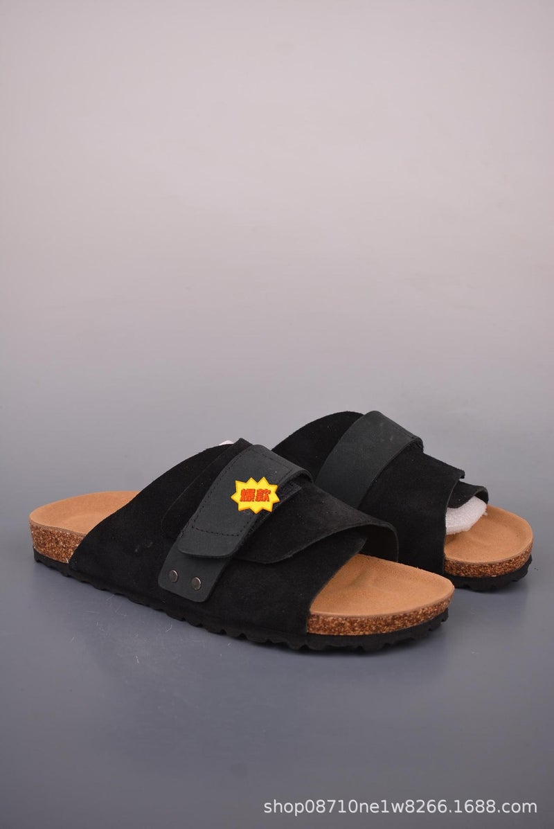 585080800552 Unisex Cork Slide Sandals with Cowhide Upper, Anti-Slip Rubber Sole, Breathable Summer Slippers for Men and Women - Image 1