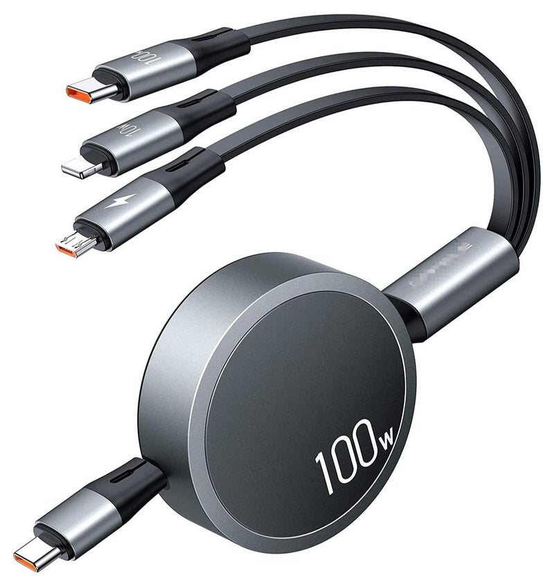 كابل شحن 3 في 1 Type-C 100W PD سريع الشحن – قابل للسحب USB-C / Micro USB / منفذ الهاتف لأجهزة الكمبيوتر المحمول، iPhone 13-17، Galaxy والأجهزة اللوحية (1.2م) - Image 1