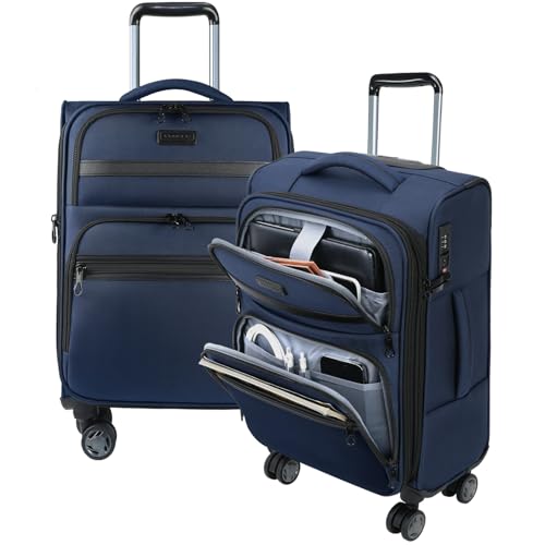 KROSER Softside Expandable Carry On Luggage with Front Business Pockets20 Inch Suitcases with Spinner Wheels Builtin TSA Lock Durable Suitcase Rolling Luggage with USB Port Navy - Image 1