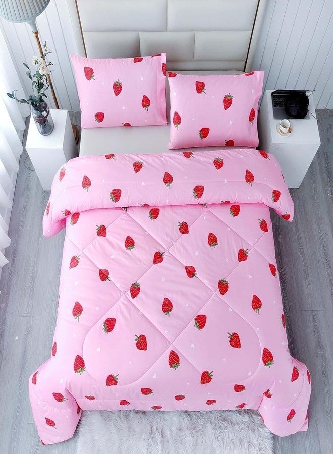 SDY 3PCS Strawberry Comforter Set Queen, Strawberry Queen Size Bedding Set, Kawaii Bed Set Kids Comforter Set, Cute Pink Bedding Room Decor for Girls, Children, Teen… - Image 3