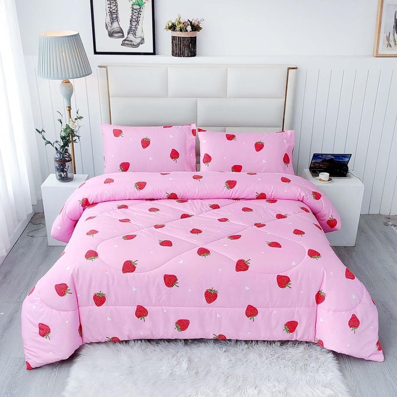 SDY 3PCS Strawberry Comforter Set Queen, Strawberry Queen Size Bedding Set, Kawaii Bed Set Kids Comforter Set, Cute Pink Bedding Room Decor for Girls, Children, Teen… - Image 1