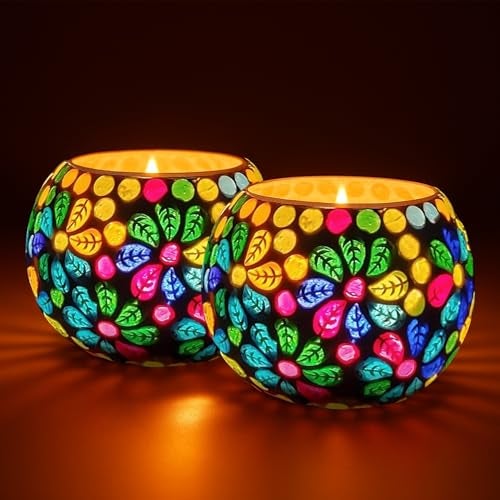 Floryn Decor Morrocan Mosaic Candle Holders | Home Light Decorations Items | Mosaic Glass Tealight Holder | Best lamp for Diwali Decoration | Pack of 2 (with 2 Tealight Candle Free) - Image 1