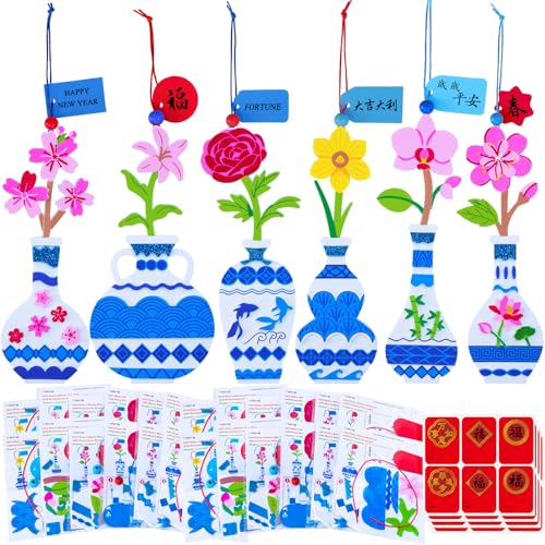 Winlyn 24 Sets Chinese New Year Decorations DIY Ming Vase with Flower Ornaments Craft Kits Peony Orchid Flower Foam Stickers Arts and Crafts for Kids Asian Oriental Classroom Activities Party Favors - Image 1