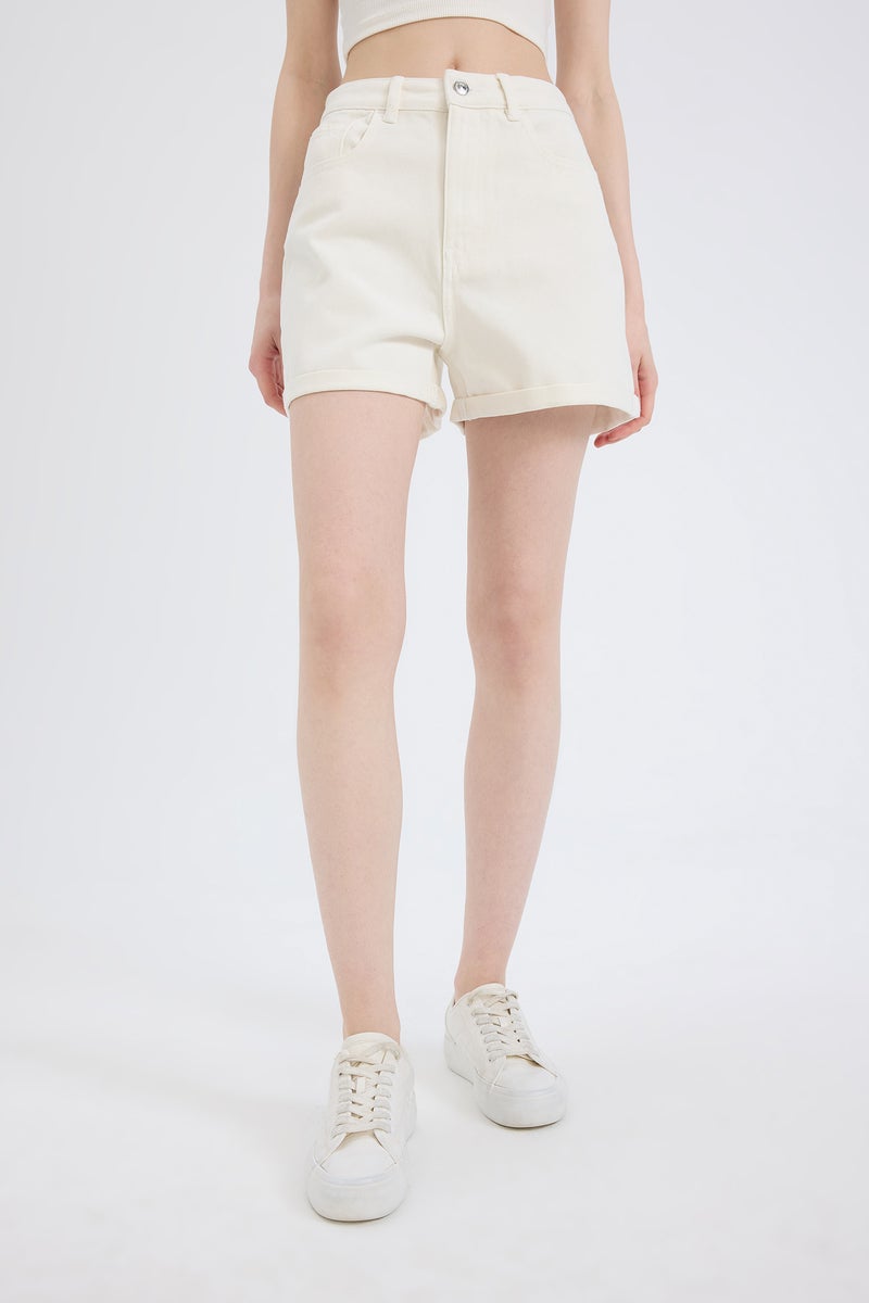 DeFacto White Woman Mom Fit Denim High Waist Folded Leg Shorts Casual - Image 1