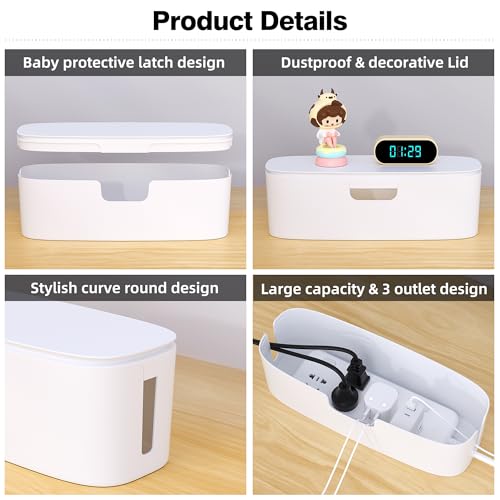 Naeety Cable Management Box - Large Cord Organizer Box to Hide Power Strip & Under Desk, TV Computer Wires Cable Organizer Box with Baby Proofs, Desk Cord Organizer for Home/Office - White - Image 3
