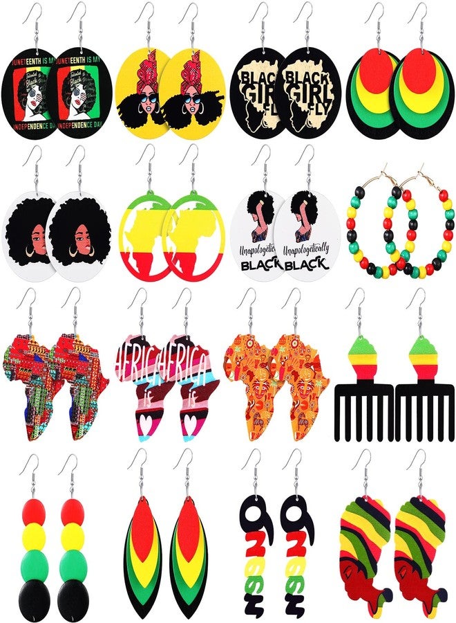 Highergo 16 Pairs Juneteenth African Earrings for Women Map Round Painted African Wooden Earrings Ethnic Style Black History for Women Accessories - Image 1