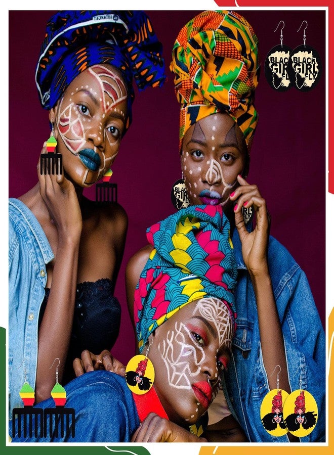 Highergo 16 Pairs Juneteenth African Earrings for Women Map Round Painted African Wooden Earrings Ethnic Style Black History for Women Accessories - Image 5