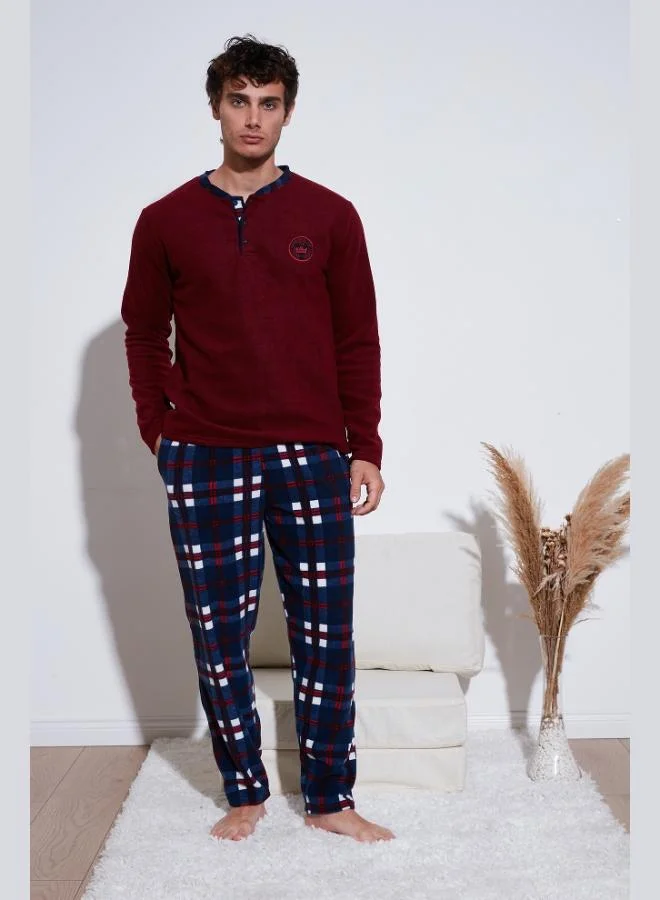 بوراتي طقم بيجاما رجالي من بوراتي بياقة دائرية بقصة عادية، ناعم ومُنسوج من الفليس القطبي لفصل الشتاء