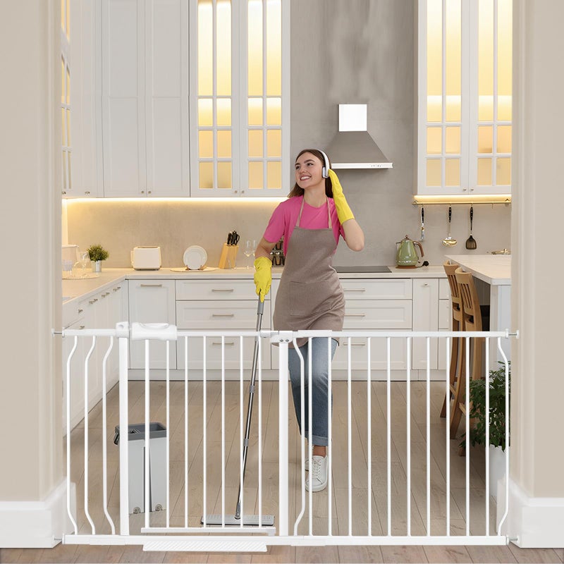 HOOOEN HOOOEN Extra Wide Baby Gate Extra Tall Dog Gate for Stairs Doorways White Metal Tension Child Pet Safety Gates with Pressure Mount 6267 Inch White 