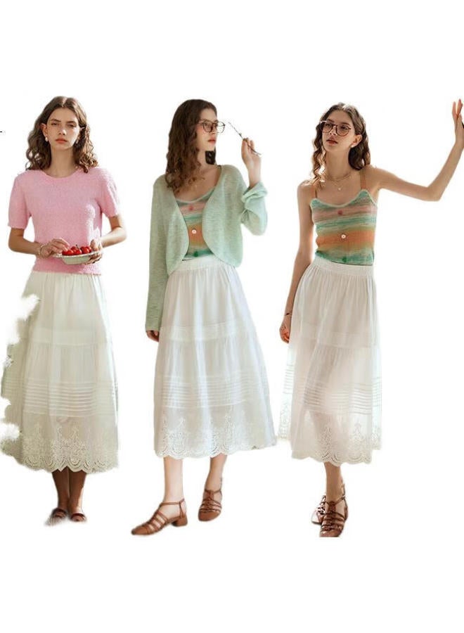 Olrain French Style White Cake Skirt Women'S High Waist Lace Embroidery Half Skirt Long Skirt Beige Xl - Image 3