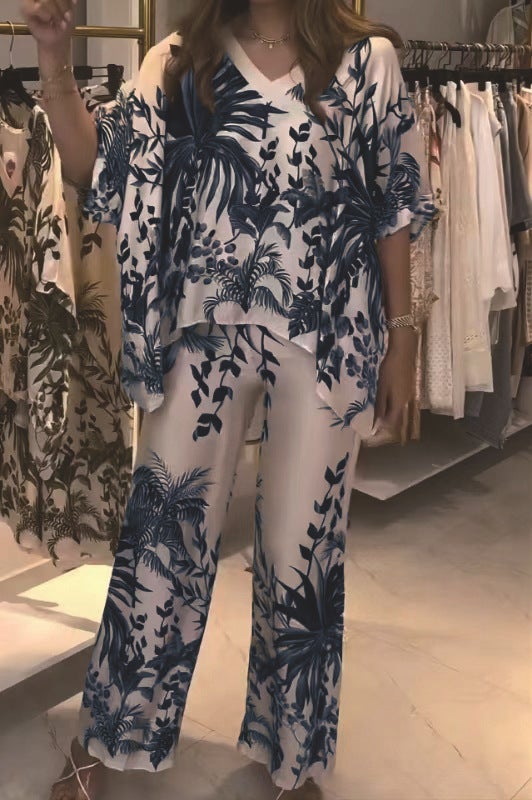 Summer V-Neck Print Plus-Size Womens Casual Outfit Blue - Image 1