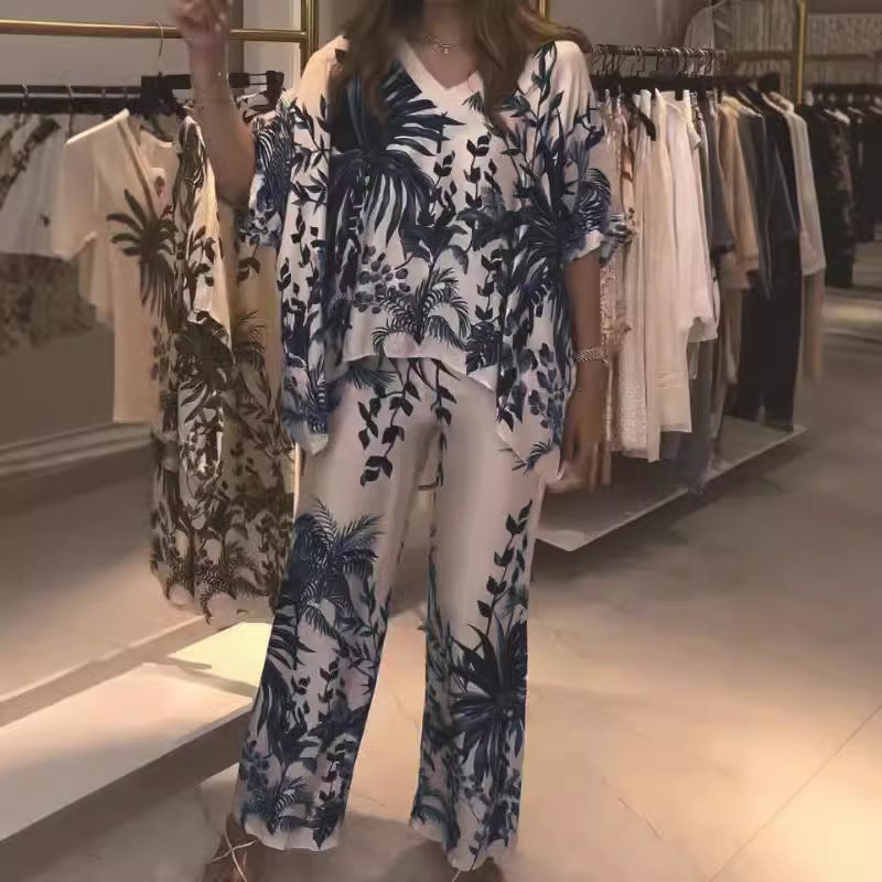 Summer V-Neck Print Plus-Size Womens Casual Outfit Blue - Image 2