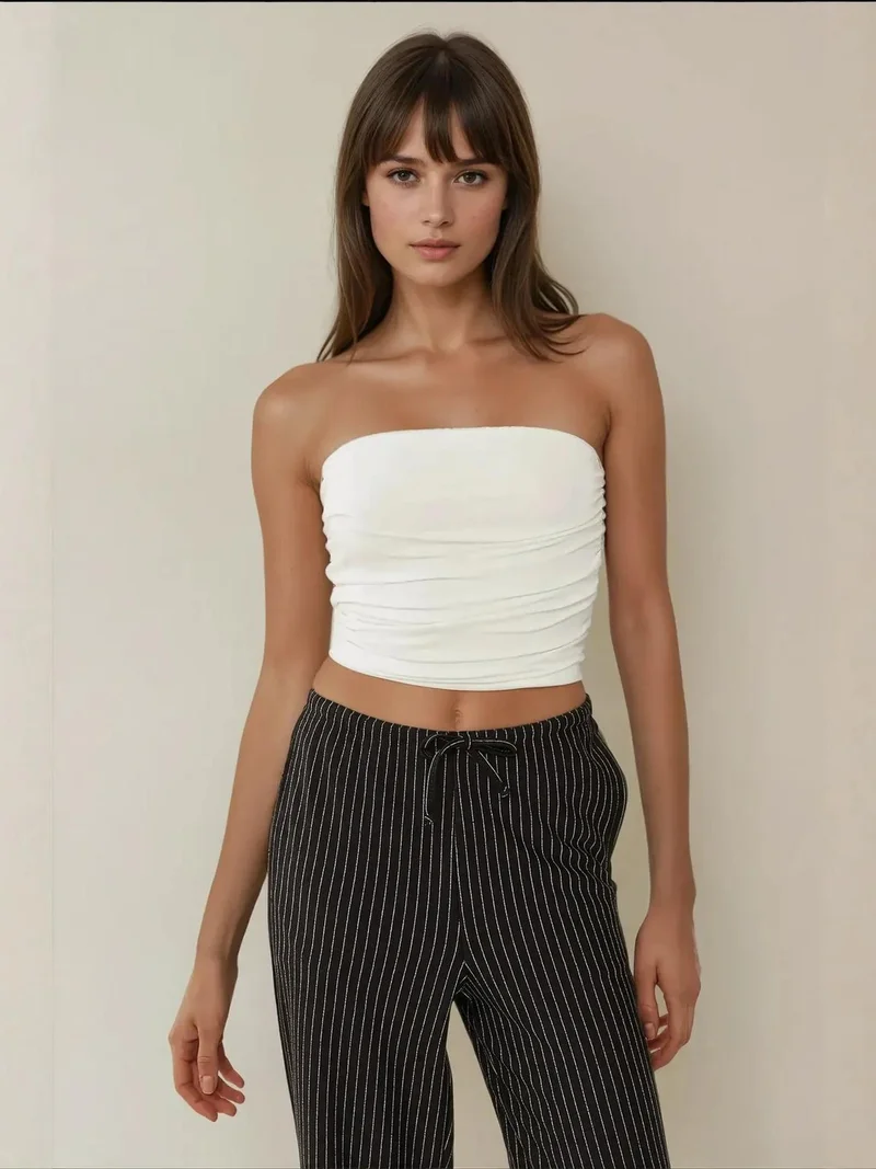 HICCUP Strapless Ruffle Drape Crop Top