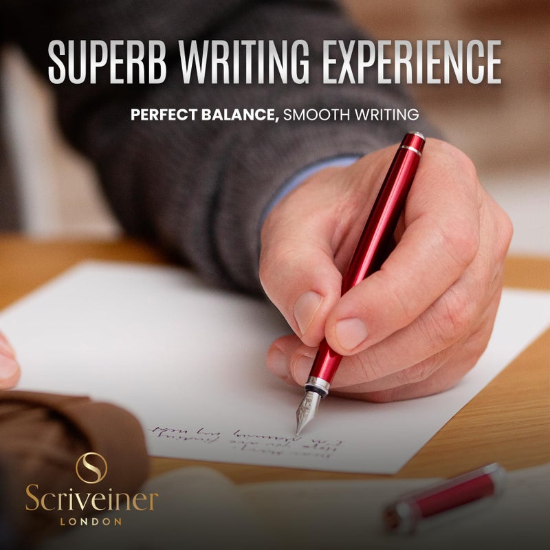 Scriveiner Deep Crimson Red Fountain Pen - Stunning Luxury Pen with Chrome Finish, Schmidt Nib (Medium), Best Pen Gift Set for Men & Women, Professional, Executive, Office, Nice Pens - Image 4