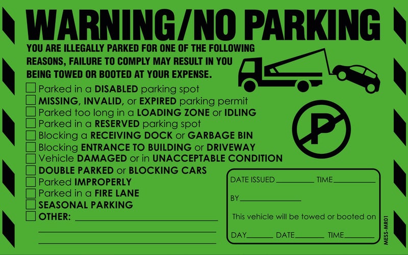 MESS 100 MESS Parking Violaton Stickers 8x5 in – Green Multi-Reason Warning Labels for Towing & Improper Parking – Super Sticky & Hard to Remove - Image 3