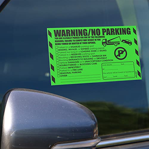 MESS 100 MESS Parking Violaton Stickers 8x5 in – Green Multi-Reason Warning Labels for Towing & Improper Parking – Super Sticky & Hard to Remove - Image 1