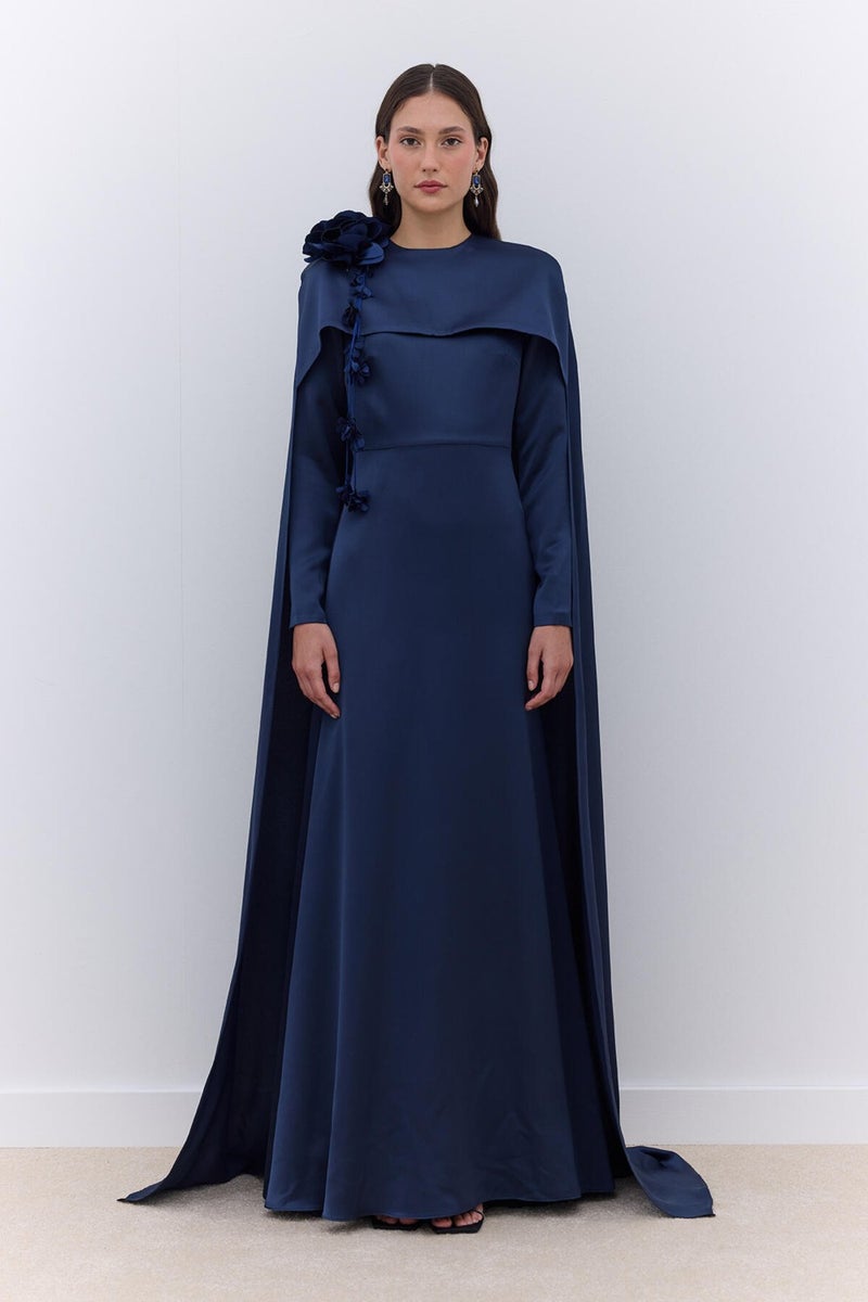 Manuka Cape Flower Detail Evening Dress Midnight Blue  - Image 1