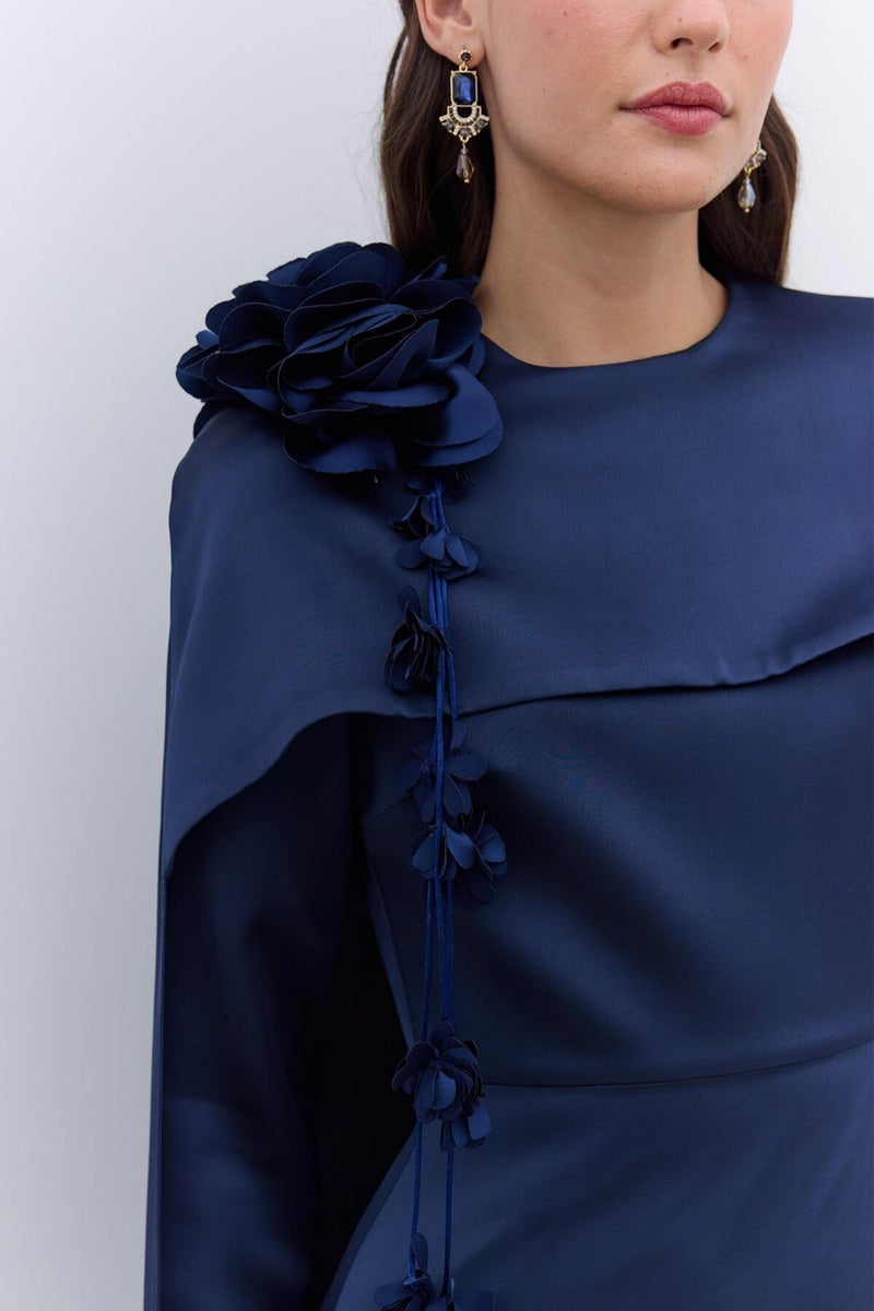 Manuka Cape Flower Detail Evening Dress Midnight Blue  - Image 3
