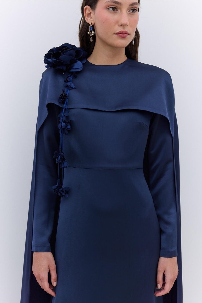 Manuka Cape Flower Detail Evening Dress Midnight Blue  - Image 2