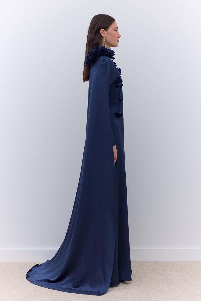 Manuka Cape Flower Detail Evening Dress Midnight Blue  - Image 4