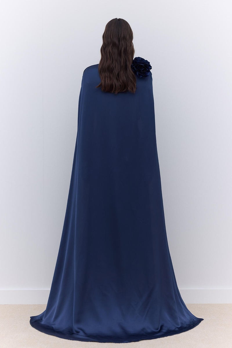 Manuka Cape Flower Detail Evening Dress Midnight Blue  - Image 5