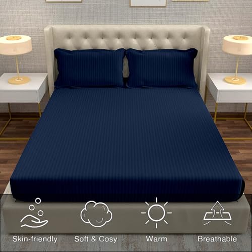 Filymore Satin Stripe Navy Blue Bedsheet for Double/King Size Bed (90x95 inches) with Two Pillow Covers, 300 TC Microfiber Solid Striped Design, Perfect for Double, Bed Size. - Image 4