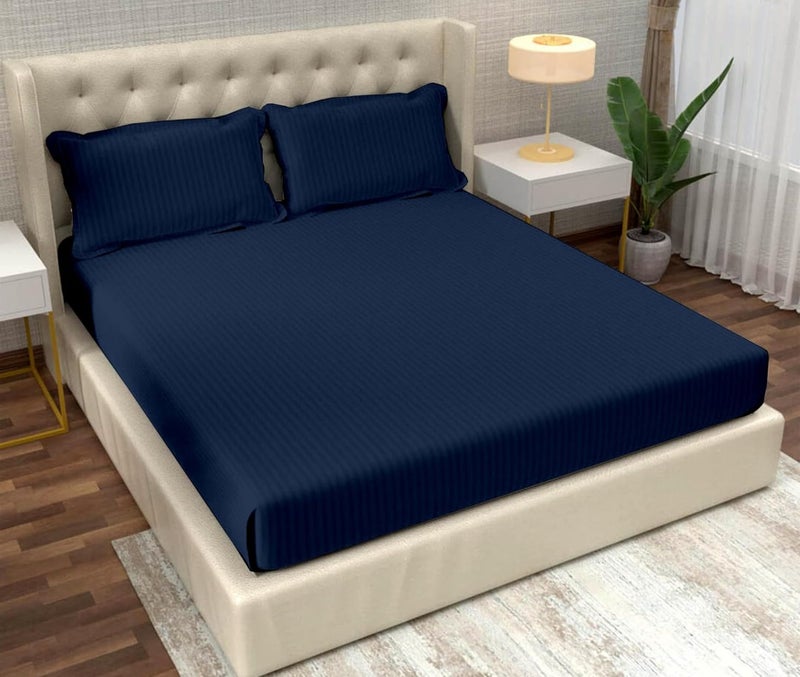 Filymore Satin Stripe Navy Blue Bedsheet for Double/King Size Bed (90x95 inches) with Two Pillow Covers, 300 TC Microfiber Solid Striped Design, Perfect for Double, Bed Size. - Image 1