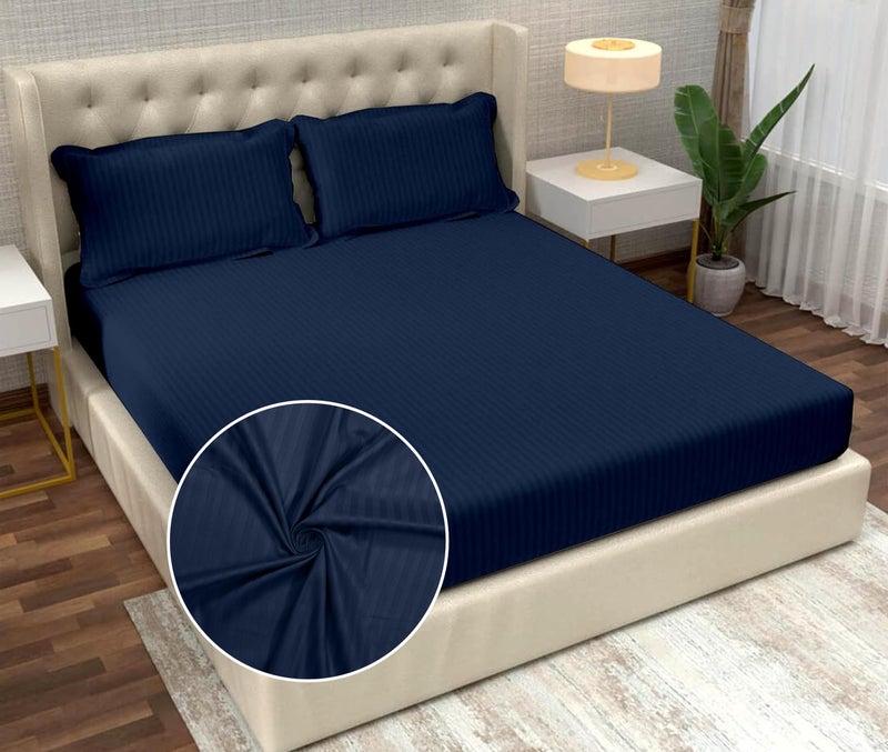 Filymore Satin Stripe Navy Blue Bedsheet for Double/King Size Bed (90x95 inches) with Two Pillow Covers, 300 TC Microfiber Solid Striped Design, Perfect for Double, Bed Size. - Image 2