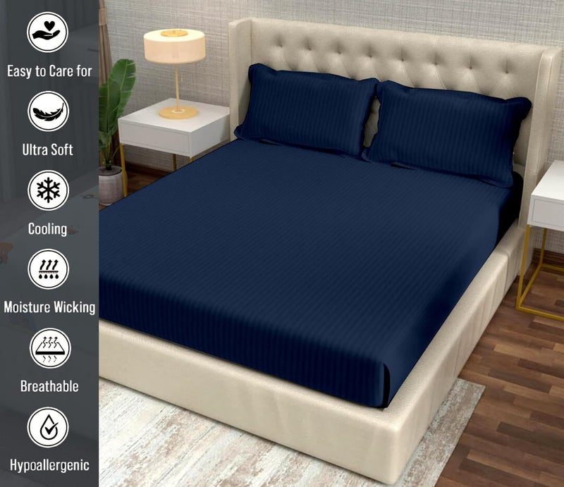Filymore Satin Stripe Navy Blue Bedsheet for Double/King Size Bed (90x95 inches) with Two Pillow Covers, 300 TC Microfiber Solid Striped Design, Perfect for Double, Bed Size. - Image 3