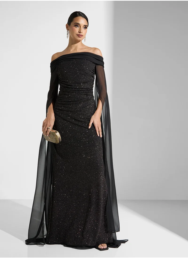 نمشي x Off Shoulder Shimmer Dress With Slit Sleeves