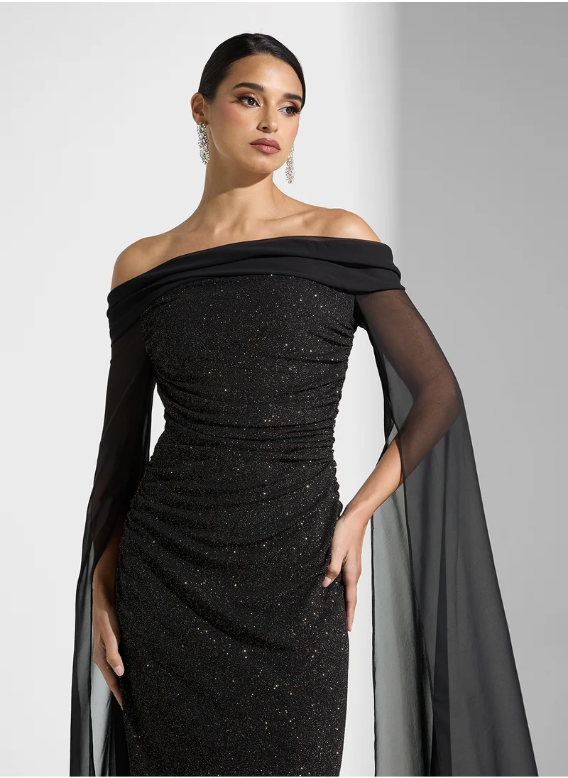 نمشي x Off Shoulder Shimmer Dress With Slit Sleeves