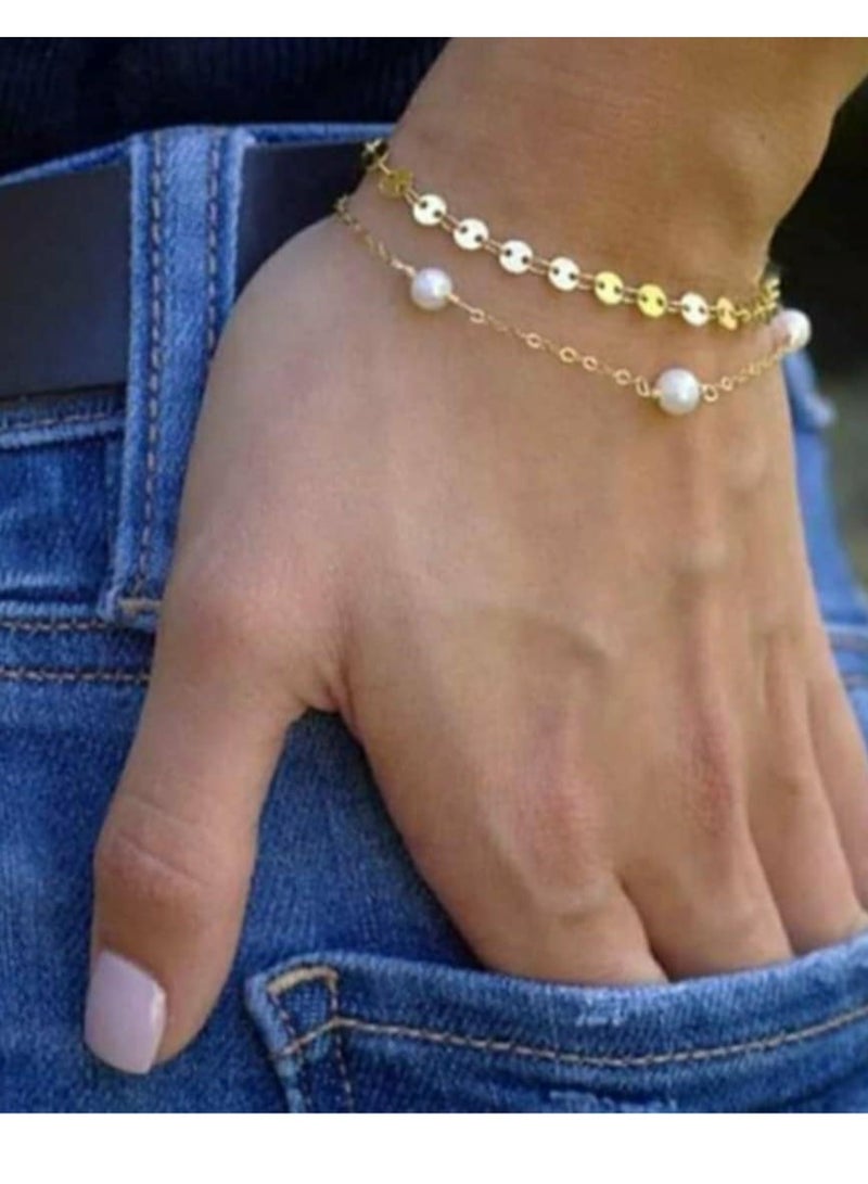 RA accessories Women Bracelet Golden Chain With Pearls 2Row - Image 1