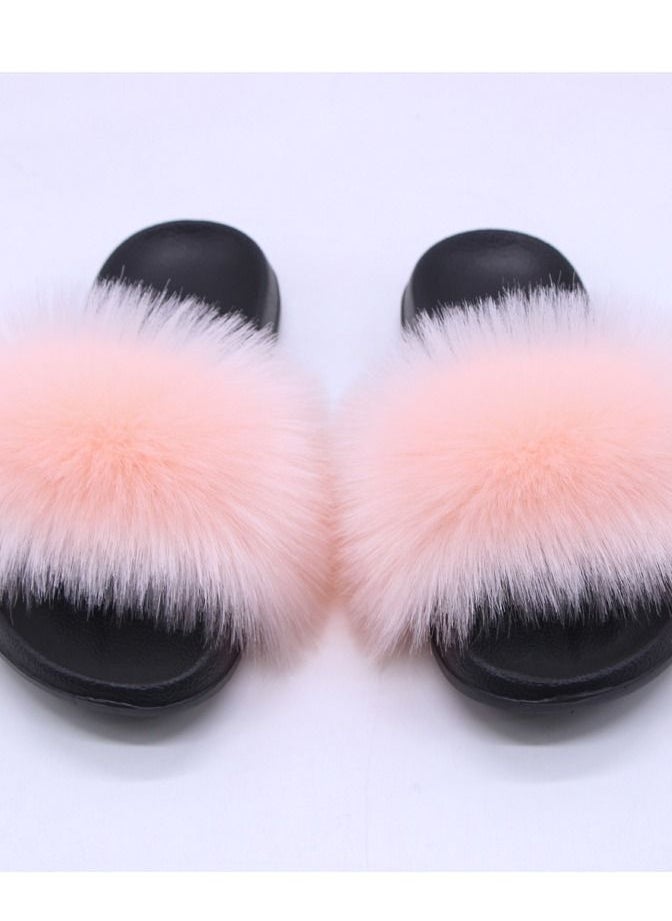 Loquat Stylish Women Faux Fur Open Toe Flat Slippers Sandals Non Slip Homewear Shoes 