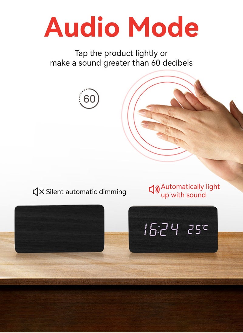 LEOKOR - Wooden Alarm Clock, Digital Clock with USB Port, Adjustable Brightness, Temperature Display, for Heavy Sleepers - Image 1