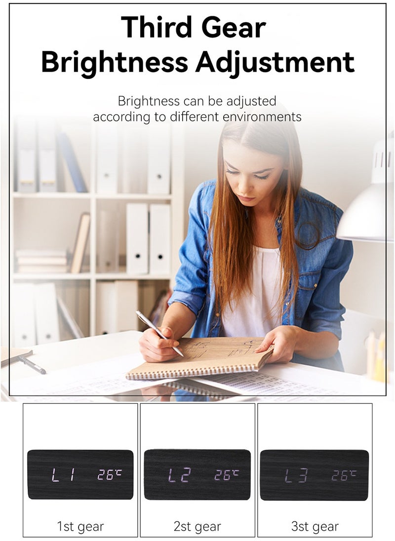 LEOKOR - Wooden Alarm Clock, Digital Clock with USB Port, Adjustable Brightness, Temperature Display, for Heavy Sleepers - Image 1