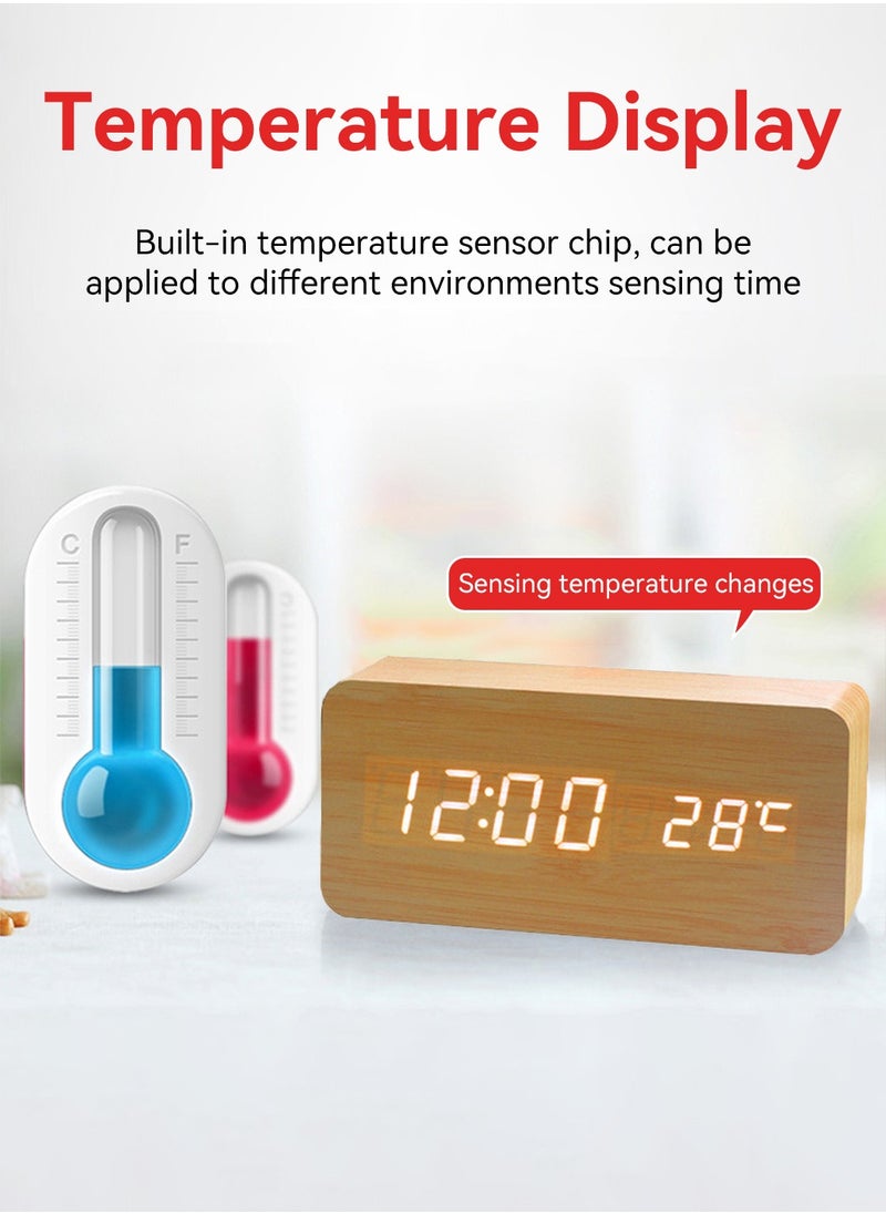 LEOKOR - Wooden Alarm Clock, Digital Clock with USB Port, Adjustable Brightness, Temperature Display, for Heavy Sleepers - Image 1
